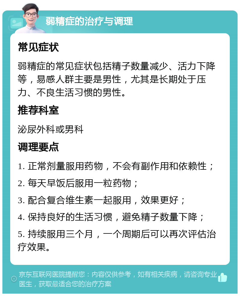 弱精症的治疗与调理 常见症状 弱精症的常见症状包括精子数量减少、活力下降等，易感人群主要是男性，尤其是长期处于压力、不良生活习惯的男性。 推荐科室 泌尿外科或男科 调理要点 1. 正常剂量服用药物，不会有副作用和依赖性； 2. 每天早饭后服用一粒药物； 3. 配合复合维生素一起服用，效果更好； 4. 保持良好的生活习惯，避免精子数量下降； 5. 持续服用三个月，一个周期后可以再次评估治疗效果。