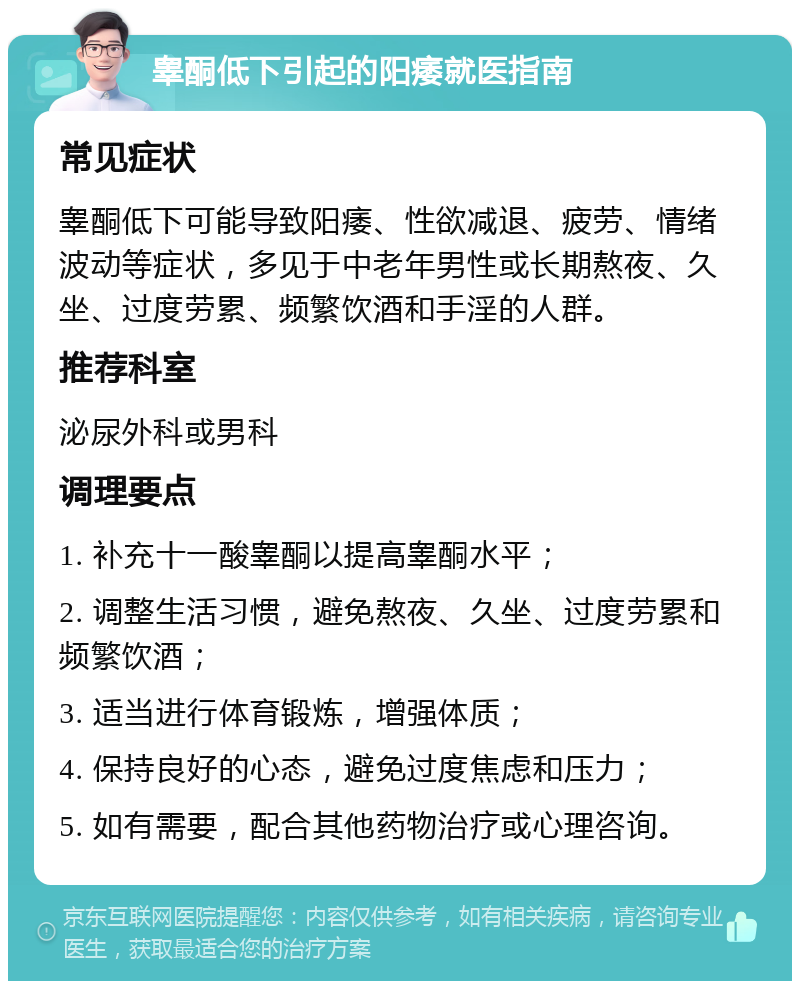 睾酮低下引起的阳痿就医指南 常见症状 睾酮低下可能导致阳痿、性欲减退、疲劳、情绪波动等症状，多见于中老年男性或长期熬夜、久坐、过度劳累、频繁饮酒和手淫的人群。 推荐科室 泌尿外科或男科 调理要点 1. 补充十一酸睾酮以提高睾酮水平； 2. 调整生活习惯，避免熬夜、久坐、过度劳累和频繁饮酒； 3. 适当进行体育锻炼，增强体质； 4. 保持良好的心态，避免过度焦虑和压力； 5. 如有需要，配合其他药物治疗或心理咨询。