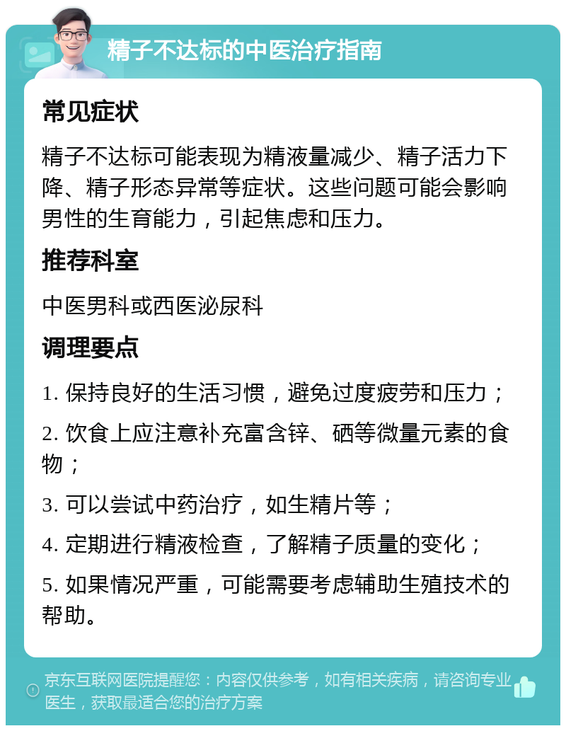 精子不达标的中医治疗指南 常见症状 精子不达标可能表现为精液量减少、精子活力下降、精子形态异常等症状。这些问题可能会影响男性的生育能力，引起焦虑和压力。 推荐科室 中医男科或西医泌尿科 调理要点 1. 保持良好的生活习惯，避免过度疲劳和压力； 2. 饮食上应注意补充富含锌、硒等微量元素的食物； 3. 可以尝试中药治疗，如生精片等； 4. 定期进行精液检查，了解精子质量的变化； 5. 如果情况严重，可能需要考虑辅助生殖技术的帮助。