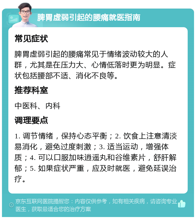 脾胃虚弱引起的腰痛就医指南 常见症状 脾胃虚弱引起的腰痛常见于情绪波动较大的人群，尤其是在压力大、心情低落时更为明显。症状包括腰部不适、消化不良等。 推荐科室 中医科、内科 调理要点 1. 调节情绪，保持心态平衡；2. 饮食上注意清淡易消化，避免过度刺激；3. 适当运动，增强体质；4. 可以口服加味逍遥丸和谷维素片，舒肝解郁；5. 如果症状严重，应及时就医，避免延误治疗。