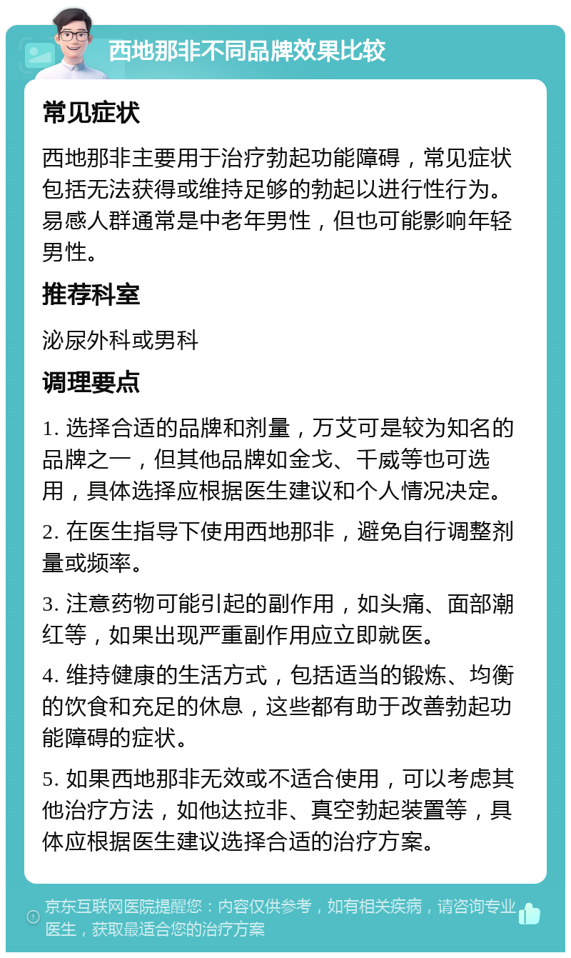 西地那非不同品牌效果比较 常见症状 西地那非主要用于治疗勃起功能障碍，常见症状包括无法获得或维持足够的勃起以进行性行为。易感人群通常是中老年男性，但也可能影响年轻男性。 推荐科室 泌尿外科或男科 调理要点 1. 选择合适的品牌和剂量，万艾可是较为知名的品牌之一，但其他品牌如金戈、千威等也可选用，具体选择应根据医生建议和个人情况决定。 2. 在医生指导下使用西地那非，避免自行调整剂量或频率。 3. 注意药物可能引起的副作用，如头痛、面部潮红等，如果出现严重副作用应立即就医。 4. 维持健康的生活方式，包括适当的锻炼、均衡的饮食和充足的休息，这些都有助于改善勃起功能障碍的症状。 5. 如果西地那非无效或不适合使用，可以考虑其他治疗方法，如他达拉非、真空勃起装置等，具体应根据医生建议选择合适的治疗方案。