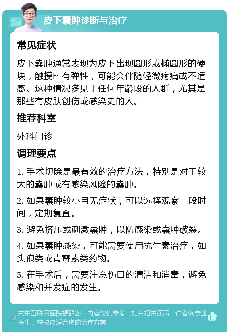 皮下囊肿诊断与治疗 常见症状 皮下囊肿通常表现为皮下出现圆形或椭圆形的硬块，触摸时有弹性，可能会伴随轻微疼痛或不适感。这种情况多见于任何年龄段的人群，尤其是那些有皮肤创伤或感染史的人。 推荐科室 外科门诊 调理要点 1. 手术切除是最有效的治疗方法，特别是对于较大的囊肿或有感染风险的囊肿。 2. 如果囊肿较小且无症状，可以选择观察一段时间，定期复查。 3. 避免挤压或刺激囊肿，以防感染或囊肿破裂。 4. 如果囊肿感染，可能需要使用抗生素治疗，如头孢类或青霉素类药物。 5. 在手术后，需要注意伤口的清洁和消毒，避免感染和并发症的发生。