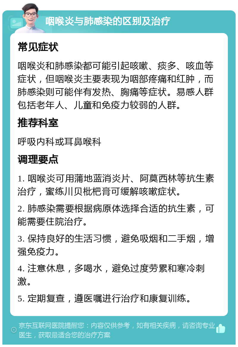 咽喉炎与肺感染的区别及治疗 常见症状 咽喉炎和肺感染都可能引起咳嗽、痰多、咳血等症状，但咽喉炎主要表现为咽部疼痛和红肿，而肺感染则可能伴有发热、胸痛等症状。易感人群包括老年人、儿童和免疫力较弱的人群。 推荐科室 呼吸内科或耳鼻喉科 调理要点 1. 咽喉炎可用蒲地蓝消炎片、阿莫西林等抗生素治疗，蜜练川贝枇杷膏可缓解咳嗽症状。 2. 肺感染需要根据病原体选择合适的抗生素，可能需要住院治疗。 3. 保持良好的生活习惯，避免吸烟和二手烟，增强免疫力。 4. 注意休息，多喝水，避免过度劳累和寒冷刺激。 5. 定期复查，遵医嘱进行治疗和康复训练。