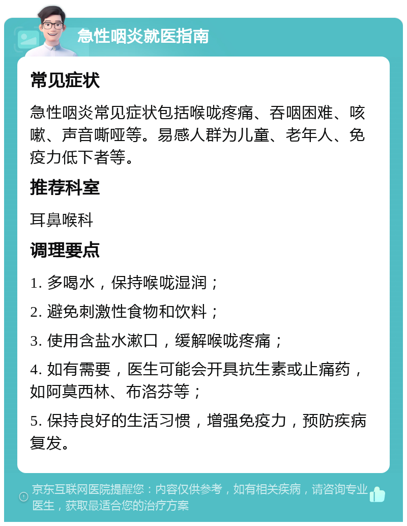 急性咽炎就医指南 常见症状 急性咽炎常见症状包括喉咙疼痛、吞咽困难、咳嗽、声音嘶哑等。易感人群为儿童、老年人、免疫力低下者等。 推荐科室 耳鼻喉科 调理要点 1. 多喝水，保持喉咙湿润； 2. 避免刺激性食物和饮料； 3. 使用含盐水漱口，缓解喉咙疼痛； 4. 如有需要，医生可能会开具抗生素或止痛药，如阿莫西林、布洛芬等； 5. 保持良好的生活习惯，增强免疫力，预防疾病复发。