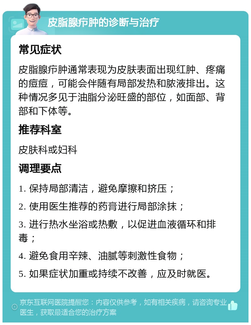 皮脂腺疖肿的诊断与治疗 常见症状 皮脂腺疖肿通常表现为皮肤表面出现红肿、疼痛的痘痘，可能会伴随有局部发热和脓液排出。这种情况多见于油脂分泌旺盛的部位，如面部、背部和下体等。 推荐科室 皮肤科或妇科 调理要点 1. 保持局部清洁，避免摩擦和挤压； 2. 使用医生推荐的药膏进行局部涂抹； 3. 进行热水坐浴或热敷，以促进血液循环和排毒； 4. 避免食用辛辣、油腻等刺激性食物； 5. 如果症状加重或持续不改善，应及时就医。