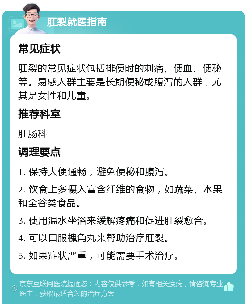 肛裂就医指南 常见症状 肛裂的常见症状包括排便时的刺痛、便血、便秘等。易感人群主要是长期便秘或腹泻的人群，尤其是女性和儿童。 推荐科室 肛肠科 调理要点 1. 保持大便通畅，避免便秘和腹泻。 2. 饮食上多摄入富含纤维的食物，如蔬菜、水果和全谷类食品。 3. 使用温水坐浴来缓解疼痛和促进肛裂愈合。 4. 可以口服槐角丸来帮助治疗肛裂。 5. 如果症状严重，可能需要手术治疗。