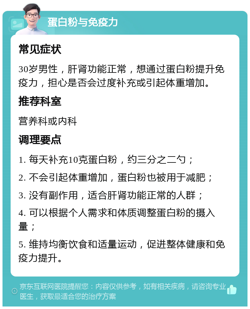 蛋白粉与免疫力 常见症状 30岁男性，肝肾功能正常，想通过蛋白粉提升免疫力，担心是否会过度补充或引起体重增加。 推荐科室 营养科或内科 调理要点 1. 每天补充10克蛋白粉，约三分之二勺； 2. 不会引起体重增加，蛋白粉也被用于减肥； 3. 没有副作用，适合肝肾功能正常的人群； 4. 可以根据个人需求和体质调整蛋白粉的摄入量； 5. 维持均衡饮食和适量运动，促进整体健康和免疫力提升。