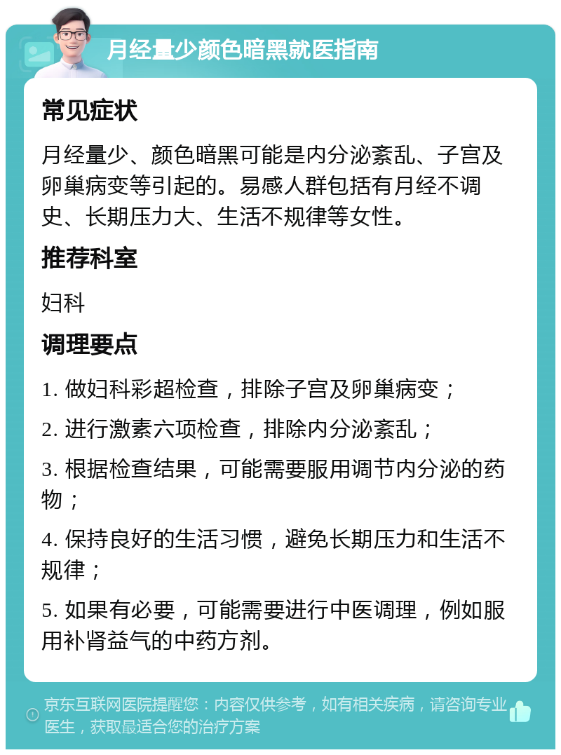 月经量少颜色暗黑就医指南 常见症状 月经量少、颜色暗黑可能是内分泌紊乱、子宫及卵巢病变等引起的。易感人群包括有月经不调史、长期压力大、生活不规律等女性。 推荐科室 妇科 调理要点 1. 做妇科彩超检查，排除子宫及卵巢病变； 2. 进行激素六项检查，排除内分泌紊乱； 3. 根据检查结果，可能需要服用调节内分泌的药物； 4. 保持良好的生活习惯，避免长期压力和生活不规律； 5. 如果有必要，可能需要进行中医调理，例如服用补肾益气的中药方剂。