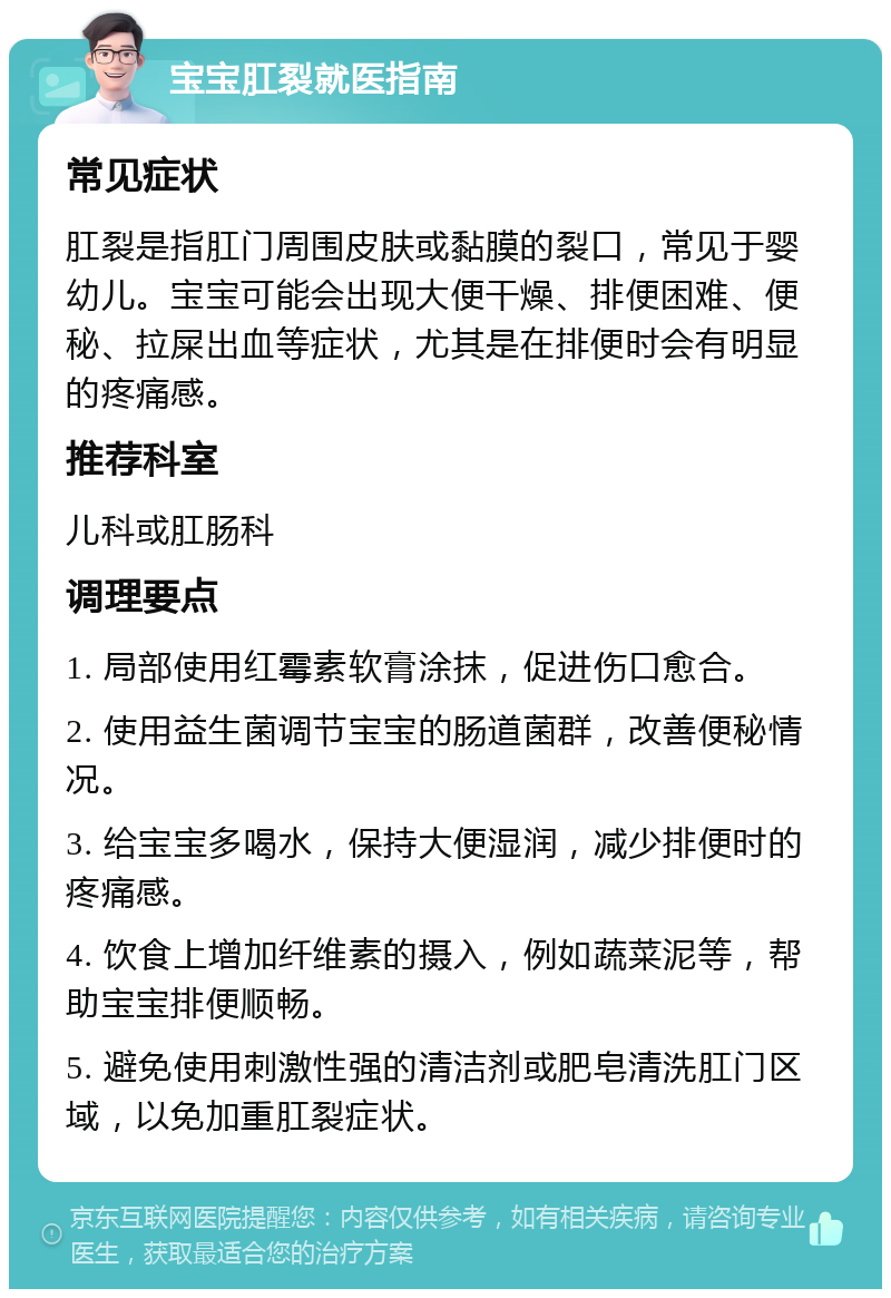 宝宝肛裂就医指南 常见症状 肛裂是指肛门周围皮肤或黏膜的裂口，常见于婴幼儿。宝宝可能会出现大便干燥、排便困难、便秘、拉屎出血等症状，尤其是在排便时会有明显的疼痛感。 推荐科室 儿科或肛肠科 调理要点 1. 局部使用红霉素软膏涂抹，促进伤口愈合。 2. 使用益生菌调节宝宝的肠道菌群，改善便秘情况。 3. 给宝宝多喝水，保持大便湿润，减少排便时的疼痛感。 4. 饮食上增加纤维素的摄入，例如蔬菜泥等，帮助宝宝排便顺畅。 5. 避免使用刺激性强的清洁剂或肥皂清洗肛门区域，以免加重肛裂症状。