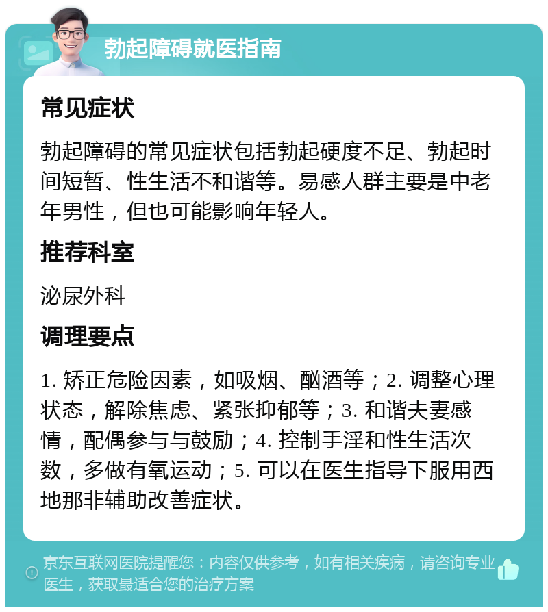 勃起障碍就医指南 常见症状 勃起障碍的常见症状包括勃起硬度不足、勃起时间短暂、性生活不和谐等。易感人群主要是中老年男性，但也可能影响年轻人。 推荐科室 泌尿外科 调理要点 1. 矫正危险因素，如吸烟、酗酒等；2. 调整心理状态，解除焦虑、紧张抑郁等；3. 和谐夫妻感情，配偶参与与鼓励；4. 控制手淫和性生活次数，多做有氧运动；5. 可以在医生指导下服用西地那非辅助改善症状。