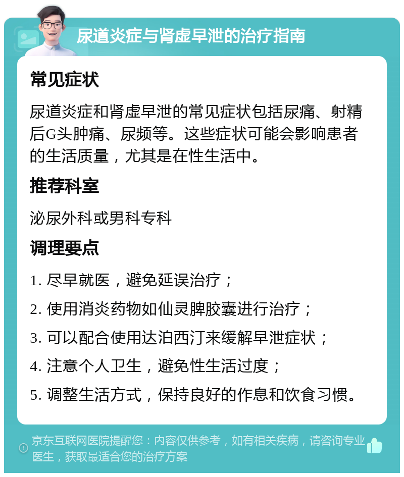 尿道炎症与肾虚早泄的治疗指南 常见症状 尿道炎症和肾虚早泄的常见症状包括尿痛、射精后G头肿痛、尿频等。这些症状可能会影响患者的生活质量，尤其是在性生活中。 推荐科室 泌尿外科或男科专科 调理要点 1. 尽早就医，避免延误治疗； 2. 使用消炎药物如仙灵脾胶囊进行治疗； 3. 可以配合使用达泊西汀来缓解早泄症状； 4. 注意个人卫生，避免性生活过度； 5. 调整生活方式，保持良好的作息和饮食习惯。