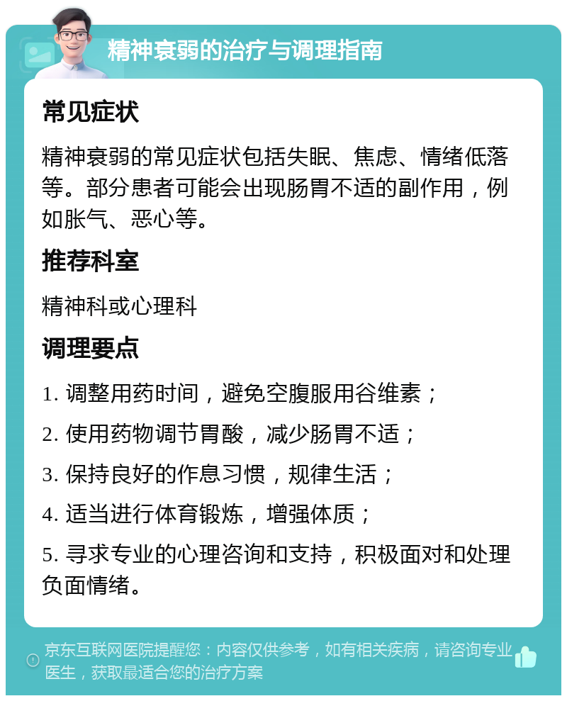 精神衰弱的治疗与调理指南 常见症状 精神衰弱的常见症状包括失眠、焦虑、情绪低落等。部分患者可能会出现肠胃不适的副作用，例如胀气、恶心等。 推荐科室 精神科或心理科 调理要点 1. 调整用药时间，避免空腹服用谷维素； 2. 使用药物调节胃酸，减少肠胃不适； 3. 保持良好的作息习惯，规律生活； 4. 适当进行体育锻炼，增强体质； 5. 寻求专业的心理咨询和支持，积极面对和处理负面情绪。