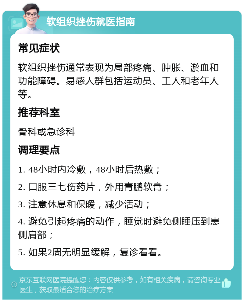 软组织挫伤就医指南 常见症状 软组织挫伤通常表现为局部疼痛、肿胀、淤血和功能障碍。易感人群包括运动员、工人和老年人等。 推荐科室 骨科或急诊科 调理要点 1. 48小时内冷敷，48小时后热敷； 2. 口服三七伤药片，外用青鹏软膏； 3. 注意休息和保暖，减少活动； 4. 避免引起疼痛的动作，睡觉时避免侧睡压到患侧肩部； 5. 如果2周无明显缓解，复诊看看。