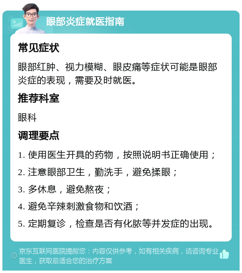 眼部炎症就医指南 常见症状 眼部红肿、视力模糊、眼皮痛等症状可能是眼部炎症的表现，需要及时就医。 推荐科室 眼科 调理要点 1. 使用医生开具的药物，按照说明书正确使用； 2. 注意眼部卫生，勤洗手，避免揉眼； 3. 多休息，避免熬夜； 4. 避免辛辣刺激食物和饮酒； 5. 定期复诊，检查是否有化脓等并发症的出现。