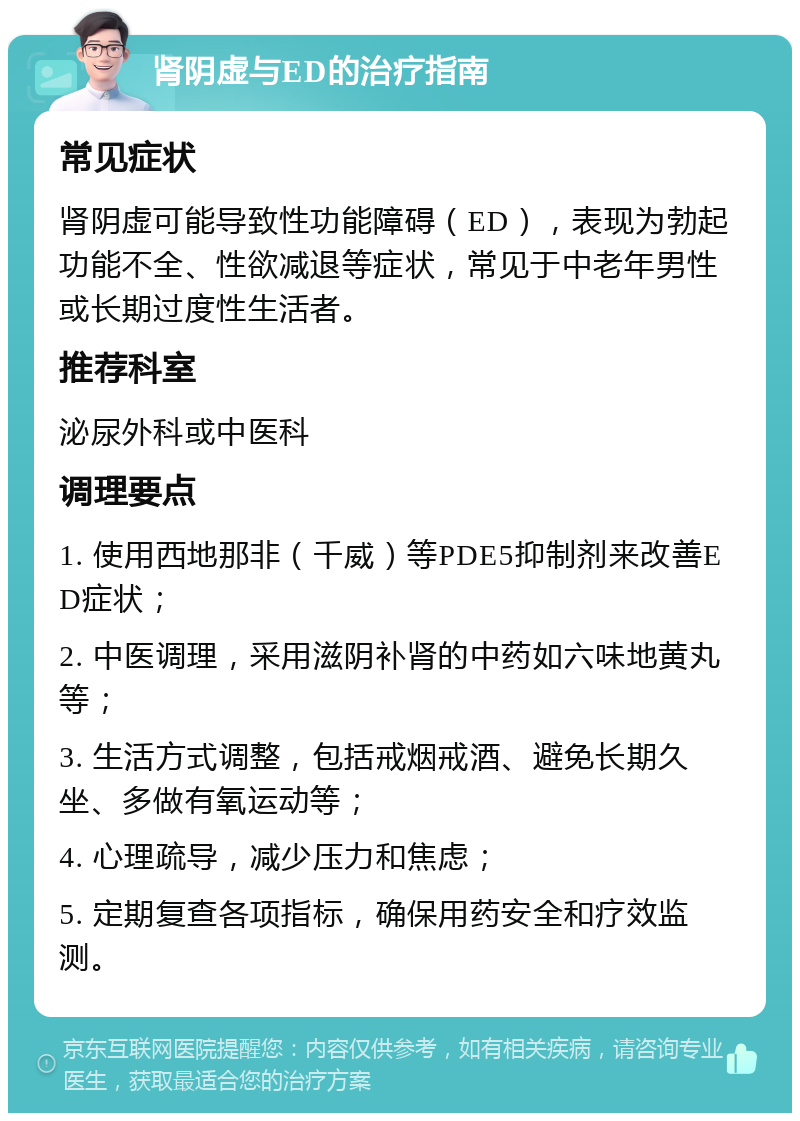 肾阴虚与ED的治疗指南 常见症状 肾阴虚可能导致性功能障碍（ED），表现为勃起功能不全、性欲减退等症状，常见于中老年男性或长期过度性生活者。 推荐科室 泌尿外科或中医科 调理要点 1. 使用西地那非（千威）等PDE5抑制剂来改善ED症状； 2. 中医调理，采用滋阴补肾的中药如六味地黄丸等； 3. 生活方式调整，包括戒烟戒酒、避免长期久坐、多做有氧运动等； 4. 心理疏导，减少压力和焦虑； 5. 定期复查各项指标，确保用药安全和疗效监测。