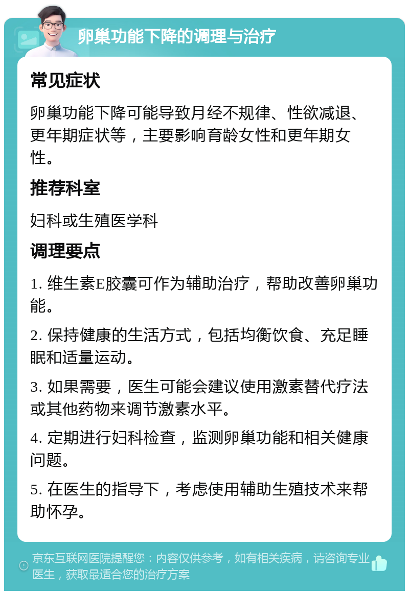 卵巢功能下降的调理与治疗 常见症状 卵巢功能下降可能导致月经不规律、性欲减退、更年期症状等，主要影响育龄女性和更年期女性。 推荐科室 妇科或生殖医学科 调理要点 1. 维生素E胶囊可作为辅助治疗，帮助改善卵巢功能。 2. 保持健康的生活方式，包括均衡饮食、充足睡眠和适量运动。 3. 如果需要，医生可能会建议使用激素替代疗法或其他药物来调节激素水平。 4. 定期进行妇科检查，监测卵巢功能和相关健康问题。 5. 在医生的指导下，考虑使用辅助生殖技术来帮助怀孕。