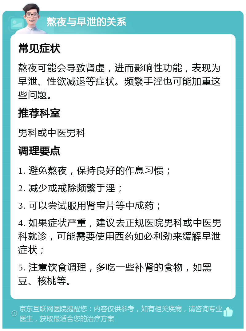 熬夜与早泄的关系 常见症状 熬夜可能会导致肾虚，进而影响性功能，表现为早泄、性欲减退等症状。频繁手淫也可能加重这些问题。 推荐科室 男科或中医男科 调理要点 1. 避免熬夜，保持良好的作息习惯； 2. 减少或戒除频繁手淫； 3. 可以尝试服用肾宝片等中成药； 4. 如果症状严重，建议去正规医院男科或中医男科就诊，可能需要使用西药如必利劲来缓解早泄症状； 5. 注意饮食调理，多吃一些补肾的食物，如黑豆、核桃等。