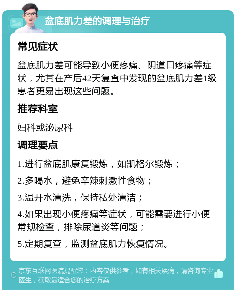 盆底肌力差的调理与治疗 常见症状 盆底肌力差可能导致小便疼痛、阴道口疼痛等症状，尤其在产后42天复查中发现的盆底肌力差1级患者更易出现这些问题。 推荐科室 妇科或泌尿科 调理要点 1.进行盆底肌康复锻炼，如凯格尔锻炼； 2.多喝水，避免辛辣刺激性食物； 3.温开水清洗，保持私处清洁； 4.如果出现小便疼痛等症状，可能需要进行小便常规检查，排除尿道炎等问题； 5.定期复查，监测盆底肌力恢复情况。