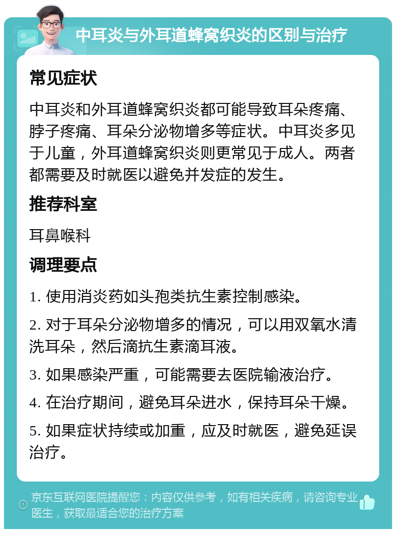 中耳炎与外耳道蜂窝织炎的区别与治疗 常见症状 中耳炎和外耳道蜂窝织炎都可能导致耳朵疼痛、脖子疼痛、耳朵分泌物增多等症状。中耳炎多见于儿童，外耳道蜂窝织炎则更常见于成人。两者都需要及时就医以避免并发症的发生。 推荐科室 耳鼻喉科 调理要点 1. 使用消炎药如头孢类抗生素控制感染。 2. 对于耳朵分泌物增多的情况，可以用双氧水清洗耳朵，然后滴抗生素滴耳液。 3. 如果感染严重，可能需要去医院输液治疗。 4. 在治疗期间，避免耳朵进水，保持耳朵干燥。 5. 如果症状持续或加重，应及时就医，避免延误治疗。