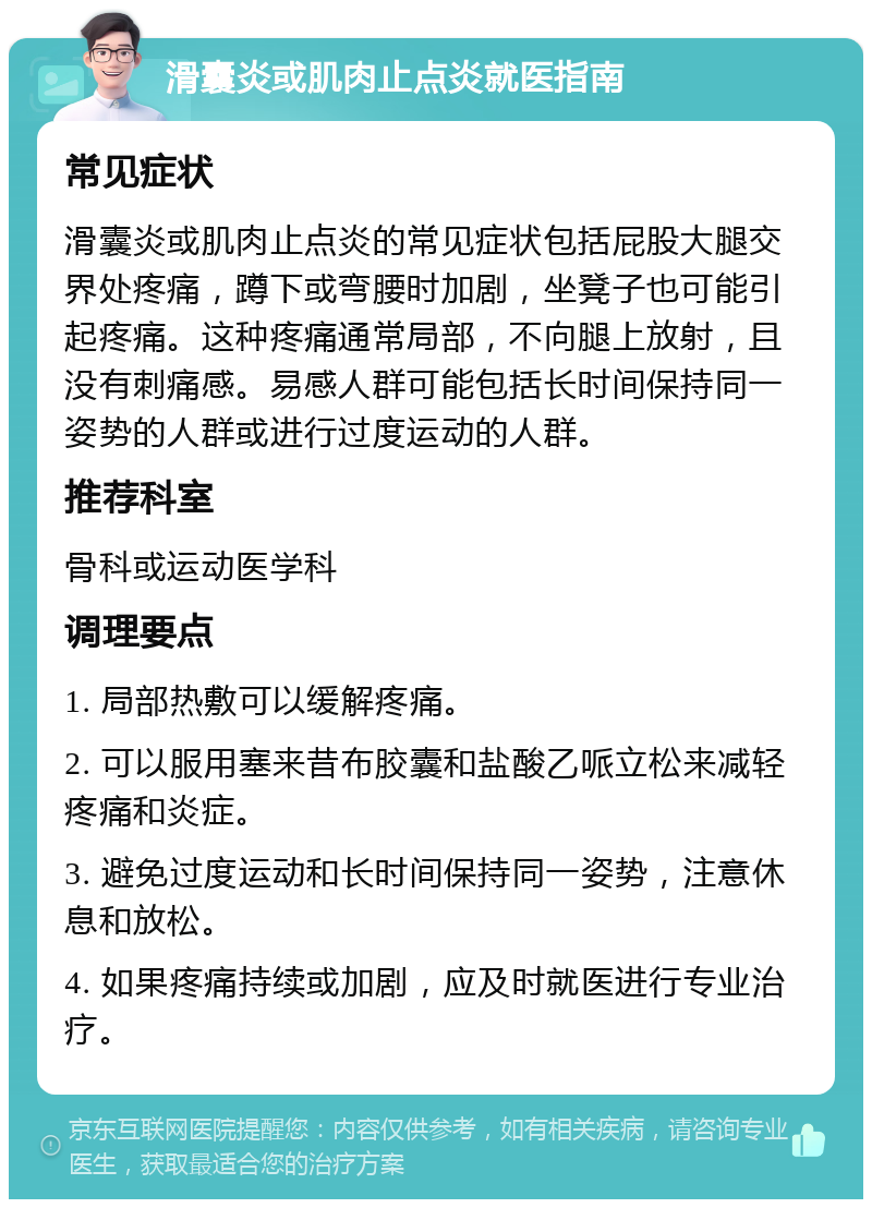 滑囊炎或肌肉止点炎就医指南 常见症状 滑囊炎或肌肉止点炎的常见症状包括屁股大腿交界处疼痛，蹲下或弯腰时加剧，坐凳子也可能引起疼痛。这种疼痛通常局部，不向腿上放射，且没有刺痛感。易感人群可能包括长时间保持同一姿势的人群或进行过度运动的人群。 推荐科室 骨科或运动医学科 调理要点 1. 局部热敷可以缓解疼痛。 2. 可以服用塞来昔布胶囊和盐酸乙哌立松来减轻疼痛和炎症。 3. 避免过度运动和长时间保持同一姿势，注意休息和放松。 4. 如果疼痛持续或加剧，应及时就医进行专业治疗。