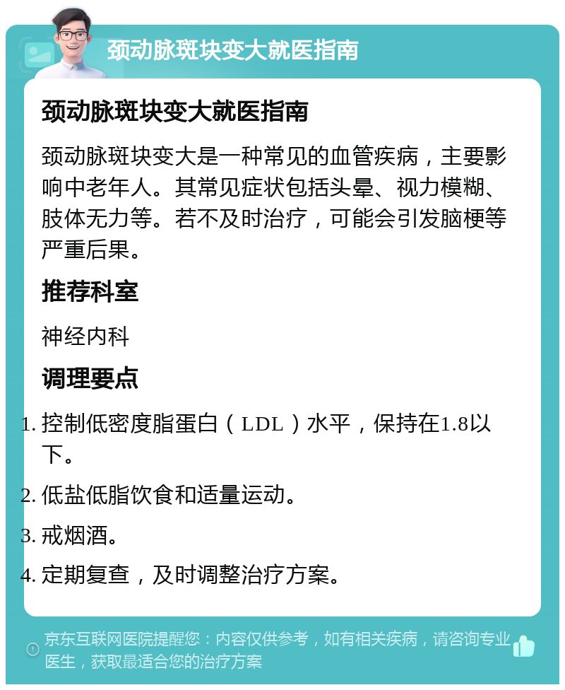 颈动脉斑块变大就医指南 颈动脉斑块变大就医指南 颈动脉斑块变大是一种常见的血管疾病，主要影响中老年人。其常见症状包括头晕、视力模糊、肢体无力等。若不及时治疗，可能会引发脑梗等严重后果。 推荐科室 神经内科 调理要点 控制低密度脂蛋白（LDL）水平，保持在1.8以下。 低盐低脂饮食和适量运动。 戒烟酒。 定期复查，及时调整治疗方案。