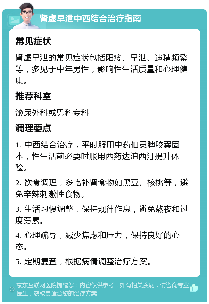 肾虚早泄中西结合治疗指南 常见症状 肾虚早泄的常见症状包括阳痿、早泄、遗精频繁等，多见于中年男性，影响性生活质量和心理健康。 推荐科室 泌尿外科或男科专科 调理要点 1. 中西结合治疗，平时服用中药仙灵脾胶囊固本，性生活前必要时服用西药达泊西汀提升体验。 2. 饮食调理，多吃补肾食物如黑豆、核桃等，避免辛辣刺激性食物。 3. 生活习惯调整，保持规律作息，避免熬夜和过度劳累。 4. 心理疏导，减少焦虑和压力，保持良好的心态。 5. 定期复查，根据病情调整治疗方案。