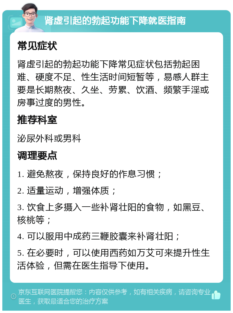 肾虚引起的勃起功能下降就医指南 常见症状 肾虚引起的勃起功能下降常见症状包括勃起困难、硬度不足、性生活时间短暂等，易感人群主要是长期熬夜、久坐、劳累、饮酒、频繁手淫或房事过度的男性。 推荐科室 泌尿外科或男科 调理要点 1. 避免熬夜，保持良好的作息习惯； 2. 适量运动，增强体质； 3. 饮食上多摄入一些补肾壮阳的食物，如黑豆、核桃等； 4. 可以服用中成药三鞭胶囊来补肾壮阳； 5. 在必要时，可以使用西药如万艾可来提升性生活体验，但需在医生指导下使用。