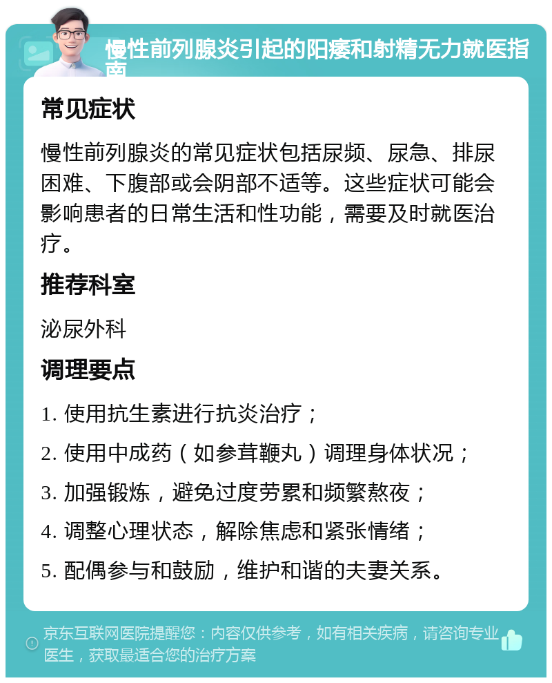 慢性前列腺炎引起的阳痿和射精无力就医指南 常见症状 慢性前列腺炎的常见症状包括尿频、尿急、排尿困难、下腹部或会阴部不适等。这些症状可能会影响患者的日常生活和性功能，需要及时就医治疗。 推荐科室 泌尿外科 调理要点 1. 使用抗生素进行抗炎治疗； 2. 使用中成药（如参茸鞭丸）调理身体状况； 3. 加强锻炼，避免过度劳累和频繁熬夜； 4. 调整心理状态，解除焦虑和紧张情绪； 5. 配偶参与和鼓励，维护和谐的夫妻关系。