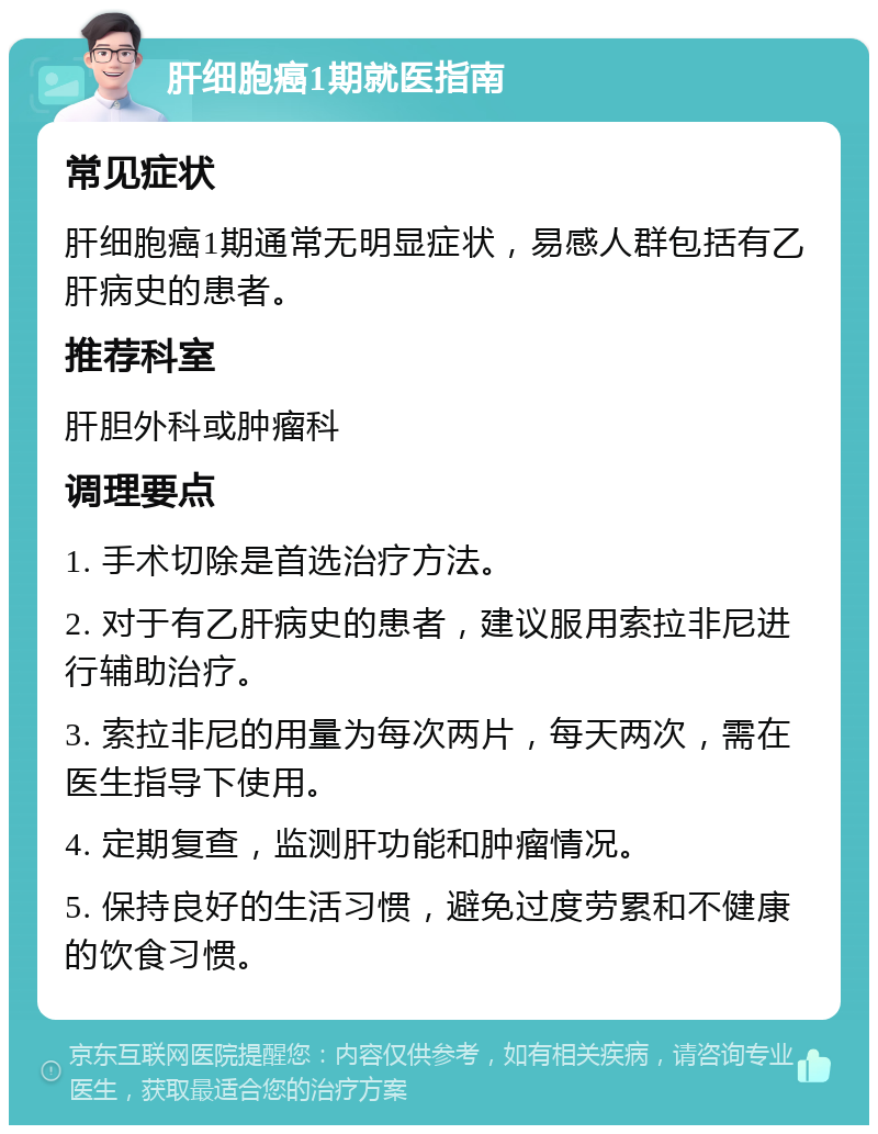 肝细胞癌1期就医指南 常见症状 肝细胞癌1期通常无明显症状，易感人群包括有乙肝病史的患者。 推荐科室 肝胆外科或肿瘤科 调理要点 1. 手术切除是首选治疗方法。 2. 对于有乙肝病史的患者，建议服用索拉非尼进行辅助治疗。 3. 索拉非尼的用量为每次两片，每天两次，需在医生指导下使用。 4. 定期复查，监测肝功能和肿瘤情况。 5. 保持良好的生活习惯，避免过度劳累和不健康的饮食习惯。