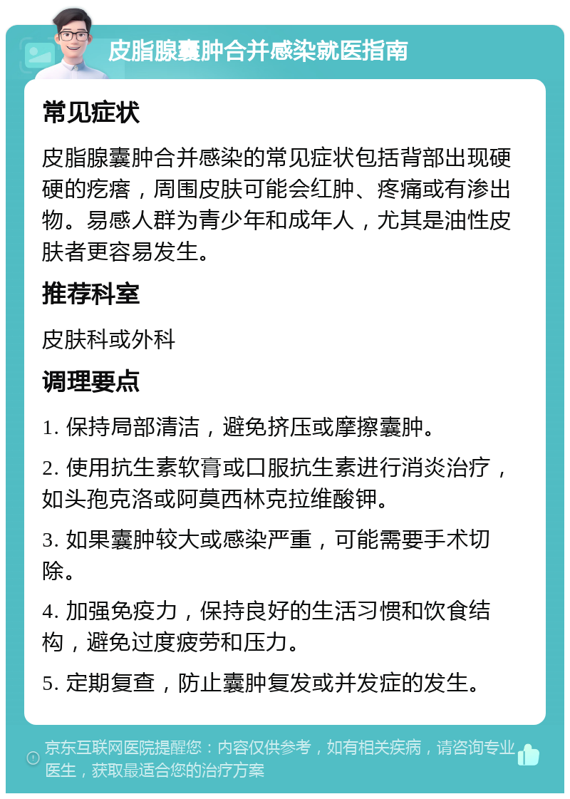 皮脂腺囊肿合并感染就医指南 常见症状 皮脂腺囊肿合并感染的常见症状包括背部出现硬硬的疙瘩，周围皮肤可能会红肿、疼痛或有渗出物。易感人群为青少年和成年人，尤其是油性皮肤者更容易发生。 推荐科室 皮肤科或外科 调理要点 1. 保持局部清洁，避免挤压或摩擦囊肿。 2. 使用抗生素软膏或口服抗生素进行消炎治疗，如头孢克洛或阿莫西林克拉维酸钾。 3. 如果囊肿较大或感染严重，可能需要手术切除。 4. 加强免疫力，保持良好的生活习惯和饮食结构，避免过度疲劳和压力。 5. 定期复查，防止囊肿复发或并发症的发生。