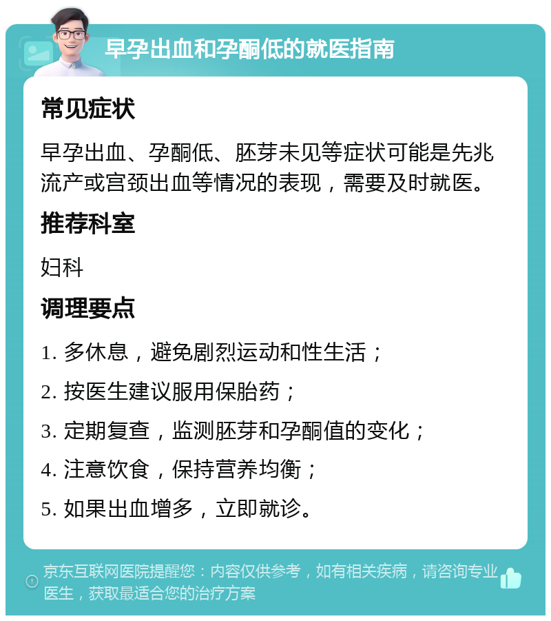 早孕出血和孕酮低的就医指南 常见症状 早孕出血、孕酮低、胚芽未见等症状可能是先兆流产或宫颈出血等情况的表现，需要及时就医。 推荐科室 妇科 调理要点 1. 多休息，避免剧烈运动和性生活； 2. 按医生建议服用保胎药； 3. 定期复查，监测胚芽和孕酮值的变化； 4. 注意饮食，保持营养均衡； 5. 如果出血增多，立即就诊。