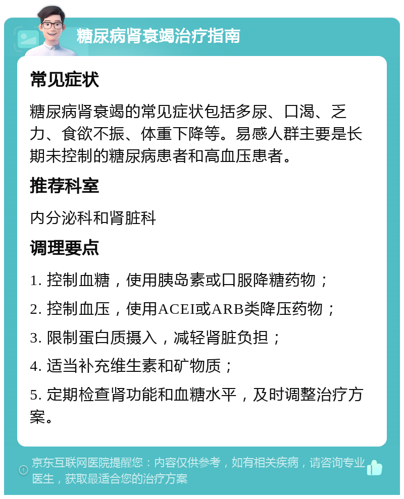 糖尿病肾衰竭治疗指南 常见症状 糖尿病肾衰竭的常见症状包括多尿、口渴、乏力、食欲不振、体重下降等。易感人群主要是长期未控制的糖尿病患者和高血压患者。 推荐科室 内分泌科和肾脏科 调理要点 1. 控制血糖，使用胰岛素或口服降糖药物； 2. 控制血压，使用ACEI或ARB类降压药物； 3. 限制蛋白质摄入，减轻肾脏负担； 4. 适当补充维生素和矿物质； 5. 定期检查肾功能和血糖水平，及时调整治疗方案。