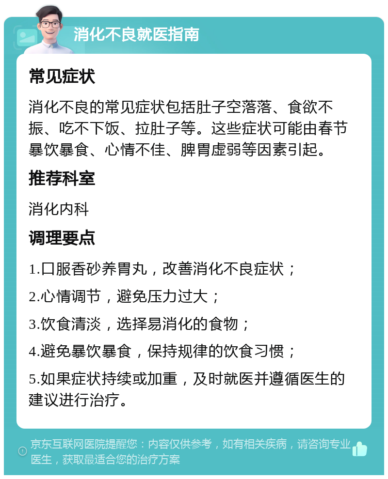 消化不良就医指南 常见症状 消化不良的常见症状包括肚子空落落、食欲不振、吃不下饭、拉肚子等。这些症状可能由春节暴饮暴食、心情不佳、脾胃虚弱等因素引起。 推荐科室 消化内科 调理要点 1.口服香砂养胃丸，改善消化不良症状； 2.心情调节，避免压力过大； 3.饮食清淡，选择易消化的食物； 4.避免暴饮暴食，保持规律的饮食习惯； 5.如果症状持续或加重，及时就医并遵循医生的建议进行治疗。