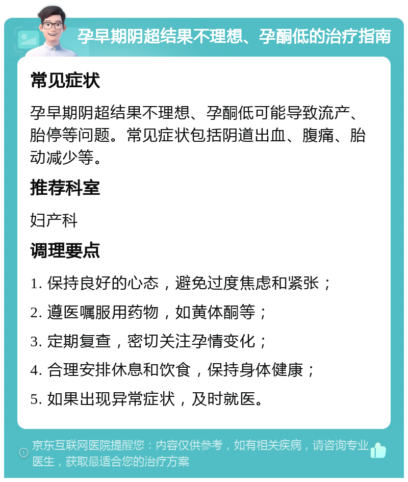 孕早期阴超结果不理想、孕酮低的治疗指南 常见症状 孕早期阴超结果不理想、孕酮低可能导致流产、胎停等问题。常见症状包括阴道出血、腹痛、胎动减少等。 推荐科室 妇产科 调理要点 1. 保持良好的心态，避免过度焦虑和紧张； 2. 遵医嘱服用药物，如黄体酮等； 3. 定期复查，密切关注孕情变化； 4. 合理安排休息和饮食，保持身体健康； 5. 如果出现异常症状，及时就医。