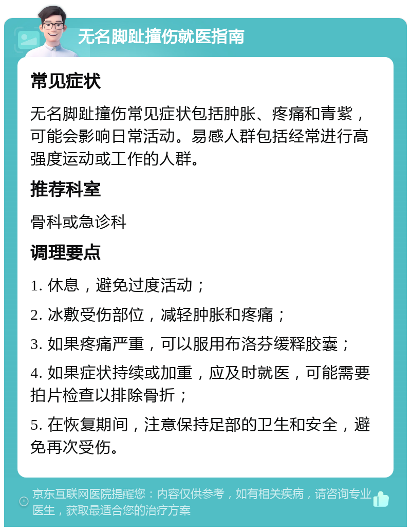 无名脚趾撞伤就医指南 常见症状 无名脚趾撞伤常见症状包括肿胀、疼痛和青紫，可能会影响日常活动。易感人群包括经常进行高强度运动或工作的人群。 推荐科室 骨科或急诊科 调理要点 1. 休息，避免过度活动； 2. 冰敷受伤部位，减轻肿胀和疼痛； 3. 如果疼痛严重，可以服用布洛芬缓释胶囊； 4. 如果症状持续或加重，应及时就医，可能需要拍片检查以排除骨折； 5. 在恢复期间，注意保持足部的卫生和安全，避免再次受伤。