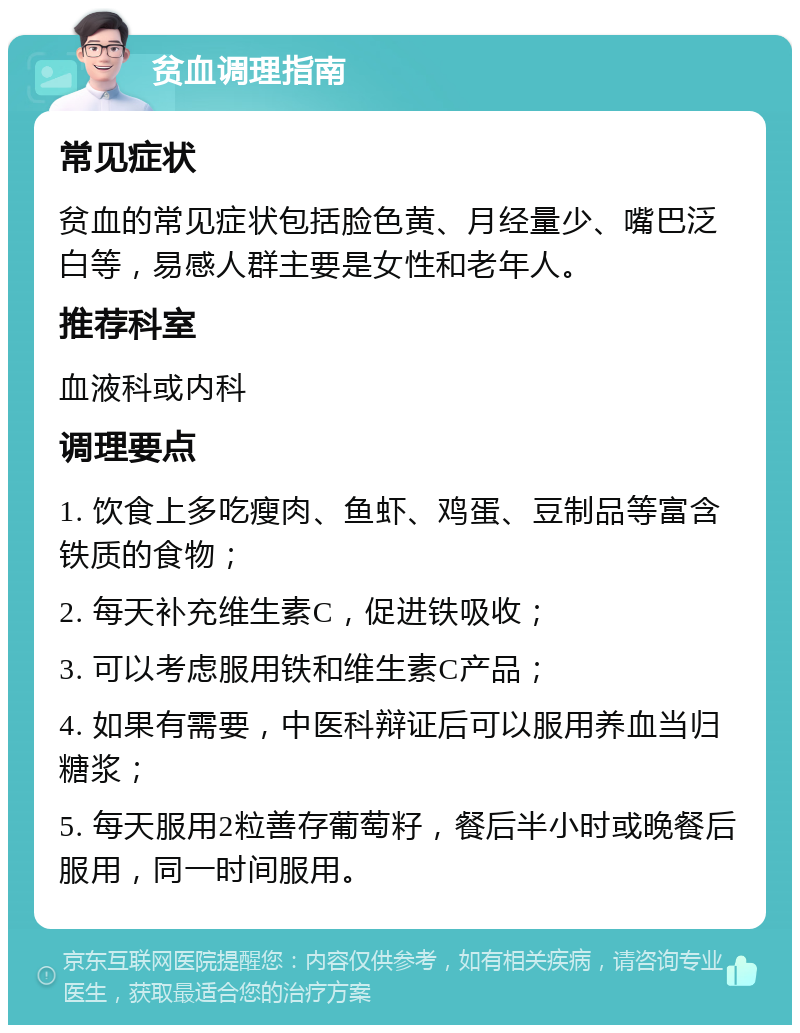 贫血调理指南 常见症状 贫血的常见症状包括脸色黄、月经量少、嘴巴泛白等，易感人群主要是女性和老年人。 推荐科室 血液科或内科 调理要点 1. 饮食上多吃瘦肉、鱼虾、鸡蛋、豆制品等富含铁质的食物； 2. 每天补充维生素C，促进铁吸收； 3. 可以考虑服用铁和维生素C产品； 4. 如果有需要，中医科辩证后可以服用养血当归糖浆； 5. 每天服用2粒善存葡萄籽，餐后半小时或晚餐后服用，同一时间服用。