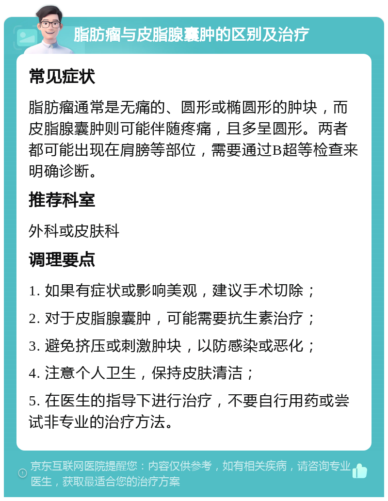 脂肪瘤与皮脂腺囊肿的区别及治疗 常见症状 脂肪瘤通常是无痛的、圆形或椭圆形的肿块，而皮脂腺囊肿则可能伴随疼痛，且多呈圆形。两者都可能出现在肩膀等部位，需要通过B超等检查来明确诊断。 推荐科室 外科或皮肤科 调理要点 1. 如果有症状或影响美观，建议手术切除； 2. 对于皮脂腺囊肿，可能需要抗生素治疗； 3. 避免挤压或刺激肿块，以防感染或恶化； 4. 注意个人卫生，保持皮肤清洁； 5. 在医生的指导下进行治疗，不要自行用药或尝试非专业的治疗方法。