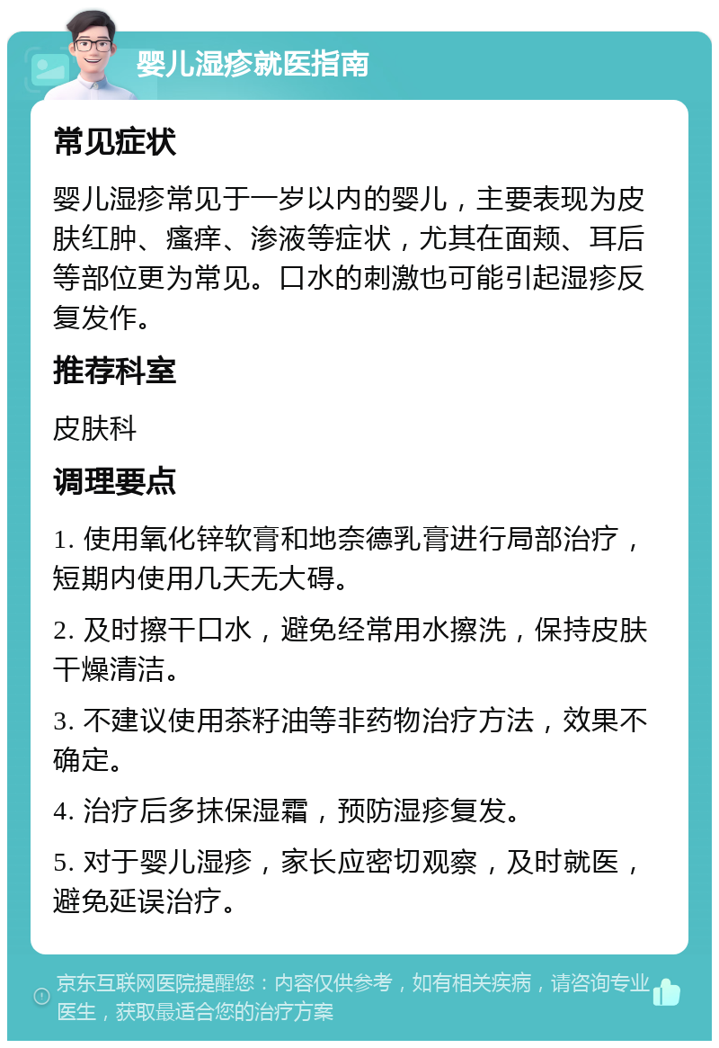 婴儿湿疹就医指南 常见症状 婴儿湿疹常见于一岁以内的婴儿，主要表现为皮肤红肿、瘙痒、渗液等症状，尤其在面颊、耳后等部位更为常见。口水的刺激也可能引起湿疹反复发作。 推荐科室 皮肤科 调理要点 1. 使用氧化锌软膏和地奈德乳膏进行局部治疗，短期内使用几天无大碍。 2. 及时擦干口水，避免经常用水擦洗，保持皮肤干燥清洁。 3. 不建议使用茶籽油等非药物治疗方法，效果不确定。 4. 治疗后多抹保湿霜，预防湿疹复发。 5. 对于婴儿湿疹，家长应密切观察，及时就医，避免延误治疗。