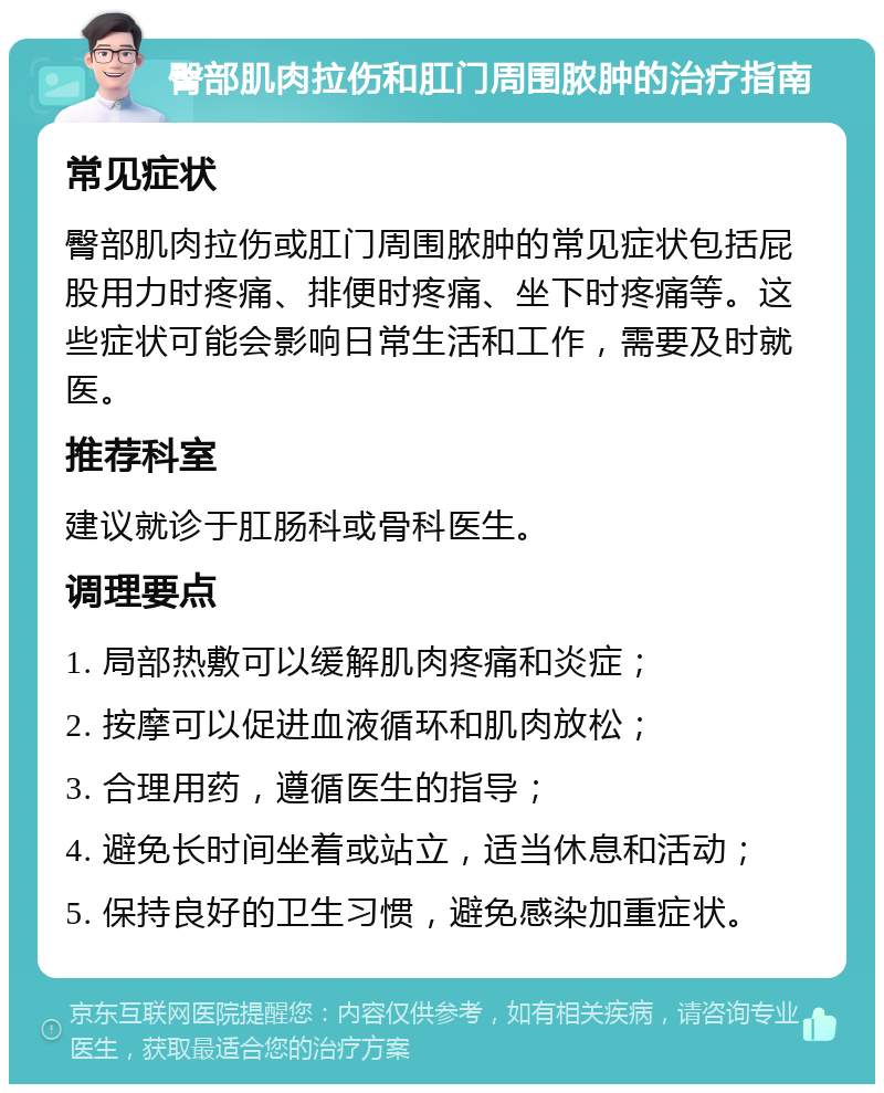 臀部肌肉拉伤和肛门周围脓肿的治疗指南 常见症状 臀部肌肉拉伤或肛门周围脓肿的常见症状包括屁股用力时疼痛、排便时疼痛、坐下时疼痛等。这些症状可能会影响日常生活和工作，需要及时就医。 推荐科室 建议就诊于肛肠科或骨科医生。 调理要点 1. 局部热敷可以缓解肌肉疼痛和炎症； 2. 按摩可以促进血液循环和肌肉放松； 3. 合理用药，遵循医生的指导； 4. 避免长时间坐着或站立，适当休息和活动； 5. 保持良好的卫生习惯，避免感染加重症状。