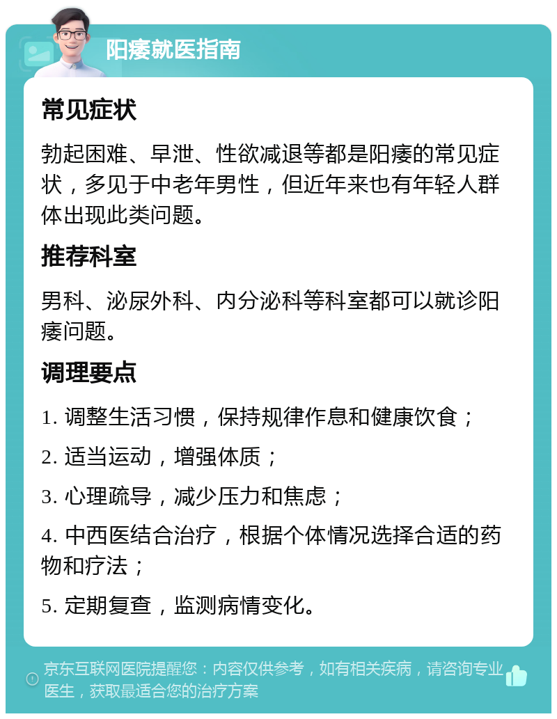 阳痿就医指南 常见症状 勃起困难、早泄、性欲减退等都是阳痿的常见症状，多见于中老年男性，但近年来也有年轻人群体出现此类问题。 推荐科室 男科、泌尿外科、内分泌科等科室都可以就诊阳痿问题。 调理要点 1. 调整生活习惯，保持规律作息和健康饮食； 2. 适当运动，增强体质； 3. 心理疏导，减少压力和焦虑； 4. 中西医结合治疗，根据个体情况选择合适的药物和疗法； 5. 定期复查，监测病情变化。