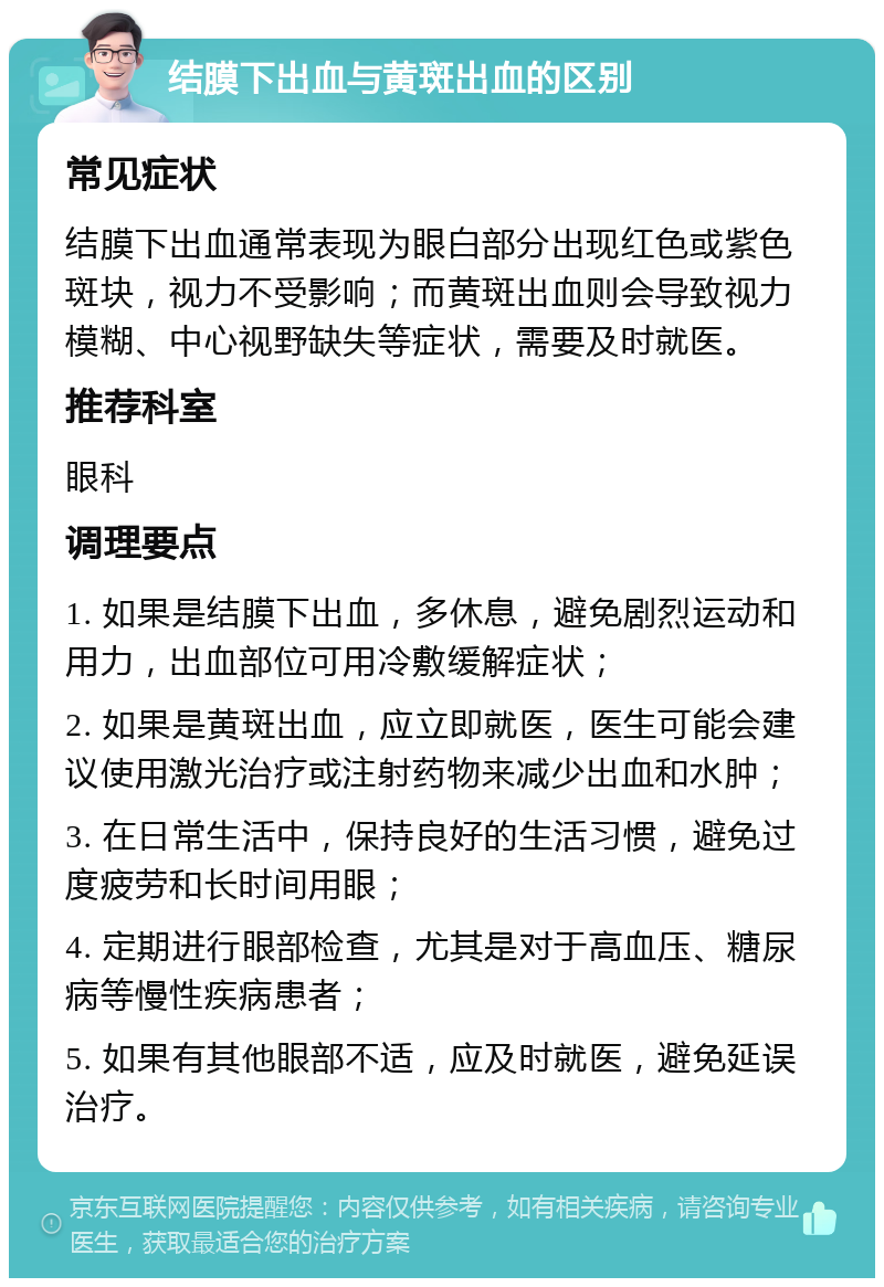 结膜下出血与黄斑出血的区别 常见症状 结膜下出血通常表现为眼白部分出现红色或紫色斑块，视力不受影响；而黄斑出血则会导致视力模糊、中心视野缺失等症状，需要及时就医。 推荐科室 眼科 调理要点 1. 如果是结膜下出血，多休息，避免剧烈运动和用力，出血部位可用冷敷缓解症状； 2. 如果是黄斑出血，应立即就医，医生可能会建议使用激光治疗或注射药物来减少出血和水肿； 3. 在日常生活中，保持良好的生活习惯，避免过度疲劳和长时间用眼； 4. 定期进行眼部检查，尤其是对于高血压、糖尿病等慢性疾病患者； 5. 如果有其他眼部不适，应及时就医，避免延误治疗。