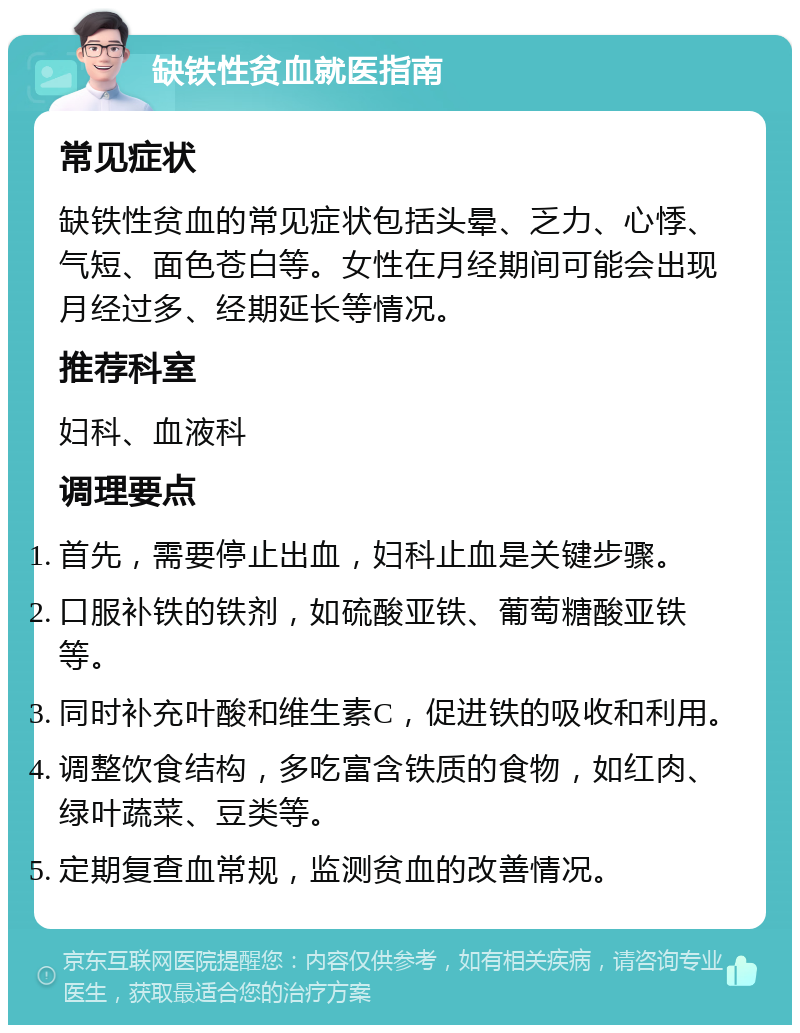 缺铁性贫血就医指南 常见症状 缺铁性贫血的常见症状包括头晕、乏力、心悸、气短、面色苍白等。女性在月经期间可能会出现月经过多、经期延长等情况。 推荐科室 妇科、血液科 调理要点 首先，需要停止出血，妇科止血是关键步骤。 口服补铁的铁剂，如硫酸亚铁、葡萄糖酸亚铁等。 同时补充叶酸和维生素C，促进铁的吸收和利用。 调整饮食结构，多吃富含铁质的食物，如红肉、绿叶蔬菜、豆类等。 定期复查血常规，监测贫血的改善情况。