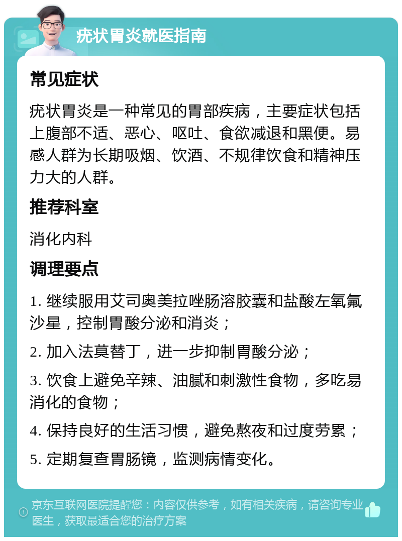 疣状胃炎就医指南 常见症状 疣状胃炎是一种常见的胃部疾病，主要症状包括上腹部不适、恶心、呕吐、食欲减退和黑便。易感人群为长期吸烟、饮酒、不规律饮食和精神压力大的人群。 推荐科室 消化内科 调理要点 1. 继续服用艾司奥美拉唑肠溶胶囊和盐酸左氧氟沙星，控制胃酸分泌和消炎； 2. 加入法莫替丁，进一步抑制胃酸分泌； 3. 饮食上避免辛辣、油腻和刺激性食物，多吃易消化的食物； 4. 保持良好的生活习惯，避免熬夜和过度劳累； 5. 定期复查胃肠镜，监测病情变化。