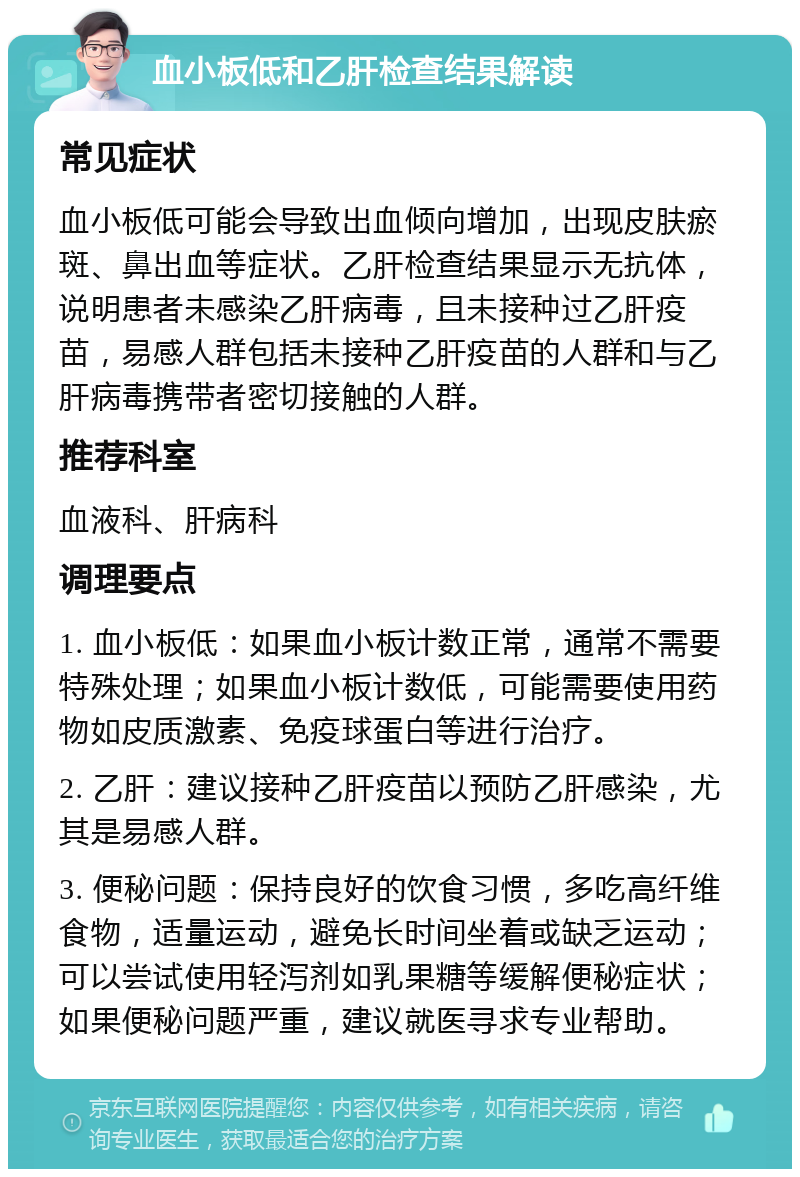 血小板低和乙肝检查结果解读 常见症状 血小板低可能会导致出血倾向增加，出现皮肤瘀斑、鼻出血等症状。乙肝检查结果显示无抗体，说明患者未感染乙肝病毒，且未接种过乙肝疫苗，易感人群包括未接种乙肝疫苗的人群和与乙肝病毒携带者密切接触的人群。 推荐科室 血液科、肝病科 调理要点 1. 血小板低：如果血小板计数正常，通常不需要特殊处理；如果血小板计数低，可能需要使用药物如皮质激素、免疫球蛋白等进行治疗。 2. 乙肝：建议接种乙肝疫苗以预防乙肝感染，尤其是易感人群。 3. 便秘问题：保持良好的饮食习惯，多吃高纤维食物，适量运动，避免长时间坐着或缺乏运动；可以尝试使用轻泻剂如乳果糖等缓解便秘症状；如果便秘问题严重，建议就医寻求专业帮助。