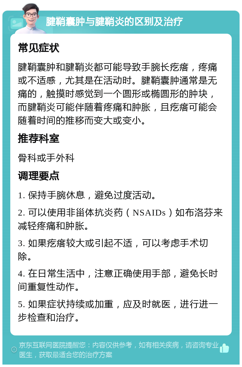 腱鞘囊肿与腱鞘炎的区别及治疗 常见症状 腱鞘囊肿和腱鞘炎都可能导致手腕长疙瘩，疼痛或不适感，尤其是在活动时。腱鞘囊肿通常是无痛的，触摸时感觉到一个圆形或椭圆形的肿块，而腱鞘炎可能伴随着疼痛和肿胀，且疙瘩可能会随着时间的推移而变大或变小。 推荐科室 骨科或手外科 调理要点 1. 保持手腕休息，避免过度活动。 2. 可以使用非甾体抗炎药（NSAIDs）如布洛芬来减轻疼痛和肿胀。 3. 如果疙瘩较大或引起不适，可以考虑手术切除。 4. 在日常生活中，注意正确使用手部，避免长时间重复性动作。 5. 如果症状持续或加重，应及时就医，进行进一步检查和治疗。