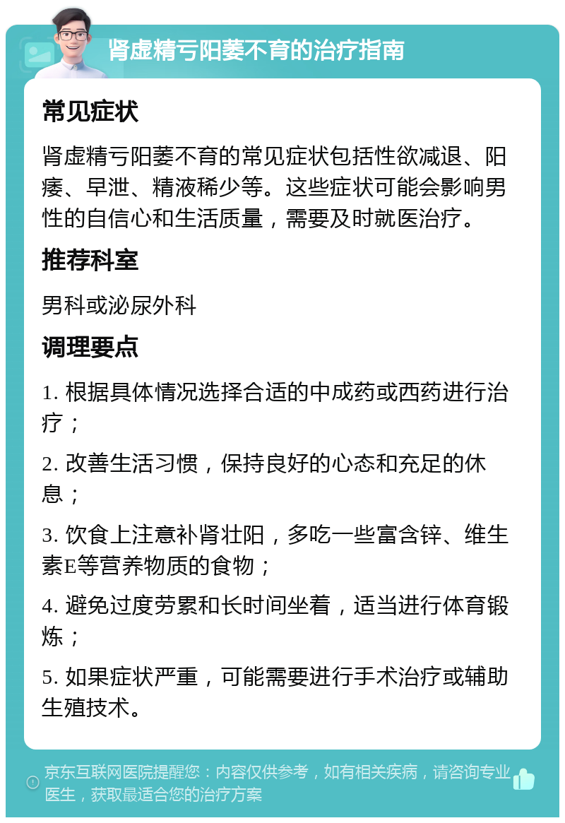 肾虚精亏阳萎不育的治疗指南 常见症状 肾虚精亏阳萎不育的常见症状包括性欲减退、阳痿、早泄、精液稀少等。这些症状可能会影响男性的自信心和生活质量，需要及时就医治疗。 推荐科室 男科或泌尿外科 调理要点 1. 根据具体情况选择合适的中成药或西药进行治疗； 2. 改善生活习惯，保持良好的心态和充足的休息； 3. 饮食上注意补肾壮阳，多吃一些富含锌、维生素E等营养物质的食物； 4. 避免过度劳累和长时间坐着，适当进行体育锻炼； 5. 如果症状严重，可能需要进行手术治疗或辅助生殖技术。