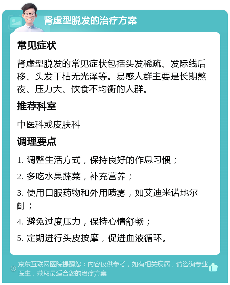 肾虚型脱发的治疗方案 常见症状 肾虚型脱发的常见症状包括头发稀疏、发际线后移、头发干枯无光泽等。易感人群主要是长期熬夜、压力大、饮食不均衡的人群。 推荐科室 中医科或皮肤科 调理要点 1. 调整生活方式，保持良好的作息习惯； 2. 多吃水果蔬菜，补充营养； 3. 使用口服药物和外用喷雾，如艾迪米诺地尔酊； 4. 避免过度压力，保持心情舒畅； 5. 定期进行头皮按摩，促进血液循环。