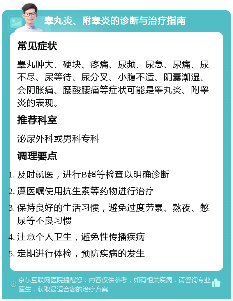 睾丸炎、附睾炎的诊断与治疗指南 常见症状 睾丸肿大、硬块、疼痛、尿频、尿急、尿痛、尿不尽、尿等待、尿分叉、小腹不适、阴囊潮湿、会阴胀痛、腰酸腰痛等症状可能是睾丸炎、附睾炎的表现。 推荐科室 泌尿外科或男科专科 调理要点 及时就医，进行B超等检查以明确诊断 遵医嘱使用抗生素等药物进行治疗 保持良好的生活习惯，避免过度劳累、熬夜、憋尿等不良习惯 注意个人卫生，避免性传播疾病 定期进行体检，预防疾病的发生