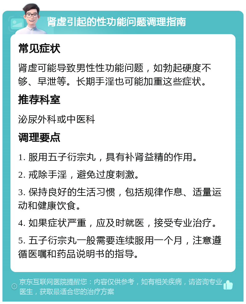 肾虚引起的性功能问题调理指南 常见症状 肾虚可能导致男性性功能问题，如勃起硬度不够、早泄等。长期手淫也可能加重这些症状。 推荐科室 泌尿外科或中医科 调理要点 1. 服用五子衍宗丸，具有补肾益精的作用。 2. 戒除手淫，避免过度刺激。 3. 保持良好的生活习惯，包括规律作息、适量运动和健康饮食。 4. 如果症状严重，应及时就医，接受专业治疗。 5. 五子衍宗丸一般需要连续服用一个月，注意遵循医嘱和药品说明书的指导。