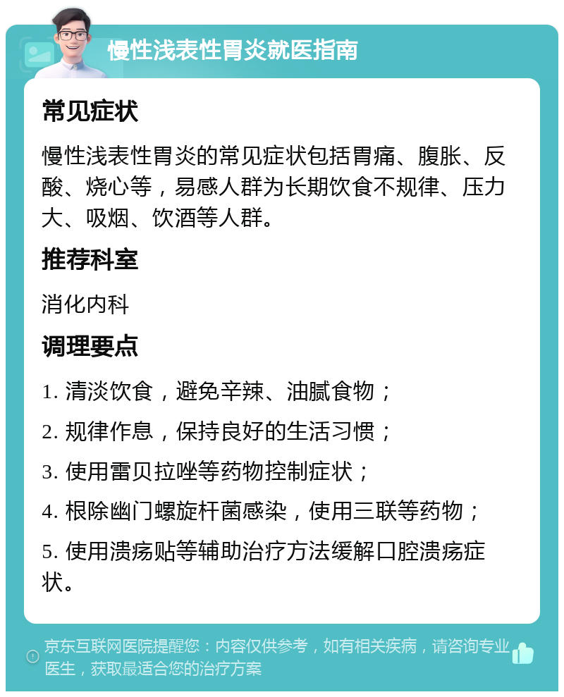 慢性浅表性胃炎就医指南 常见症状 慢性浅表性胃炎的常见症状包括胃痛、腹胀、反酸、烧心等，易感人群为长期饮食不规律、压力大、吸烟、饮酒等人群。 推荐科室 消化内科 调理要点 1. 清淡饮食，避免辛辣、油腻食物； 2. 规律作息，保持良好的生活习惯； 3. 使用雷贝拉唑等药物控制症状； 4. 根除幽门螺旋杆菌感染，使用三联等药物； 5. 使用溃疡贴等辅助治疗方法缓解口腔溃疡症状。